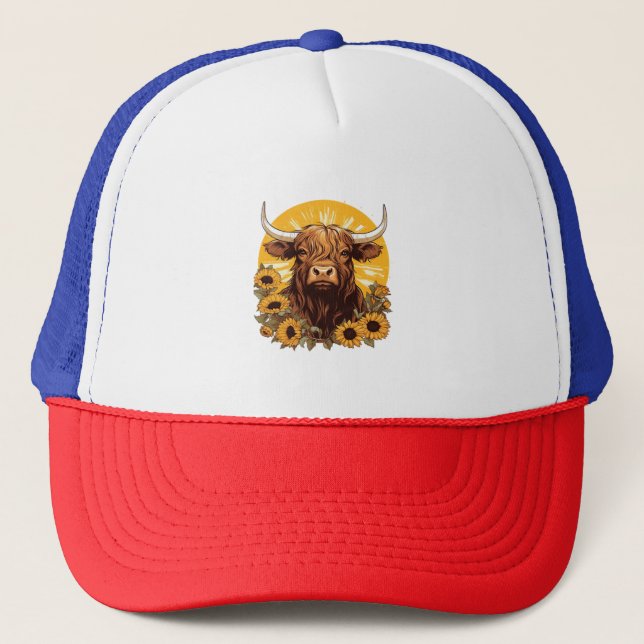 A Highland Cow Illustration with Sunflowers Classi Trucker Hat (Front)