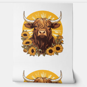 A Highland Cow Illustration with Sunflowers Classi Wallpaper