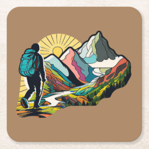 A hiker walking down a mountain path square paper coaster