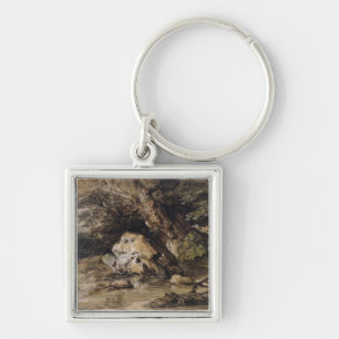 A Hilly Landscape with Figures Approaching a Bridg Key Ring