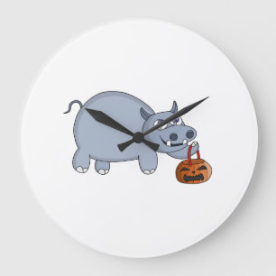 A Hippo with a Pumpkin Bag Large Clock