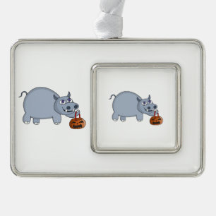 A Hippo with a Pumpkin Bag Silver Plated Framed Ornament