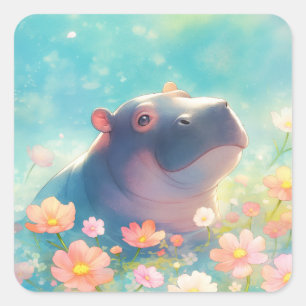 A Hippopotamus in Floral Bloom Square Sticker