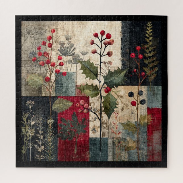 A Holly Berry Rustic Winter Patchwork Jigsaw Puzzle (Vertical)