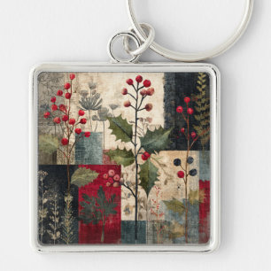 A Holly Berry Rustic Winter Patchwork Key Ring