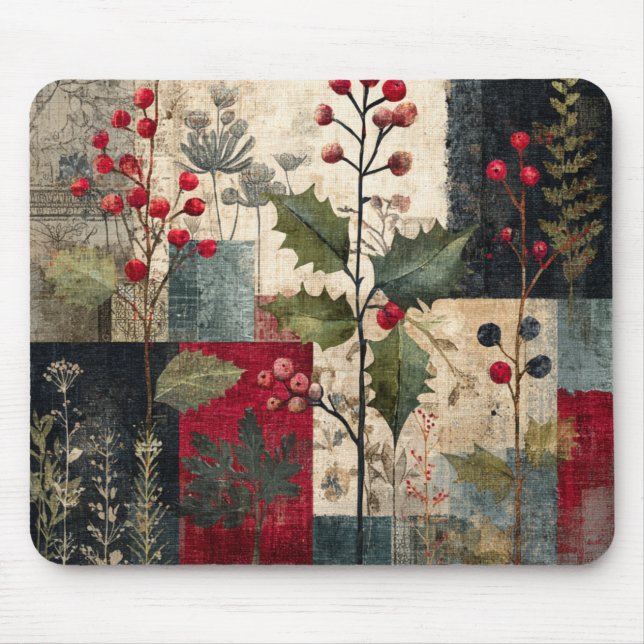 A Holly Berry Rustic Winter Patchwork Mouse Mat (Front)