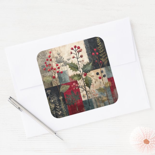 A Holly Berry Rustic Winter Patchwork Square Sticker (Envelope)