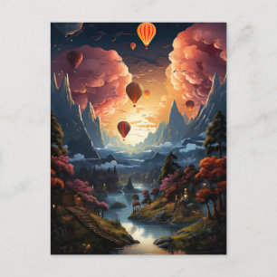 A hot air balloon flies over an asian landscape postcard