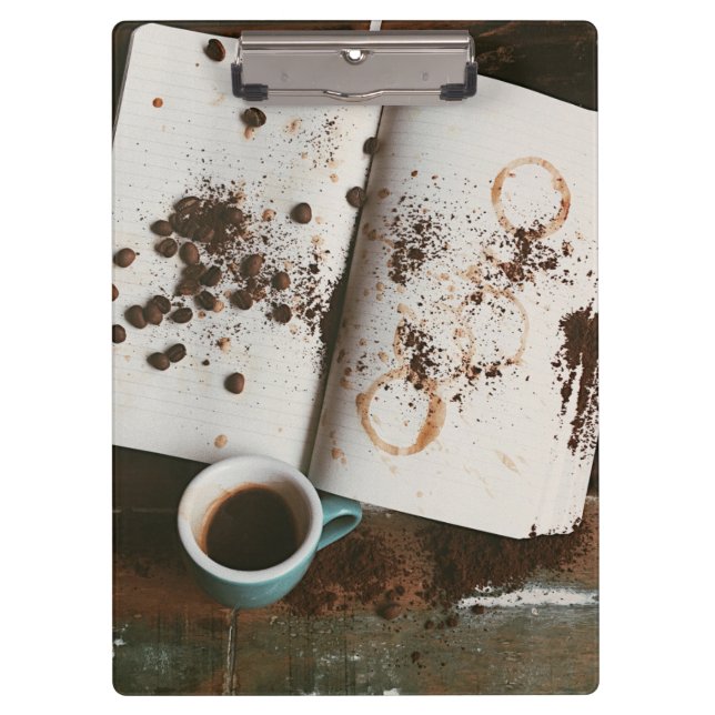 A Hot Mess Coffee with Stained Book and Beans Clipboard (Front)