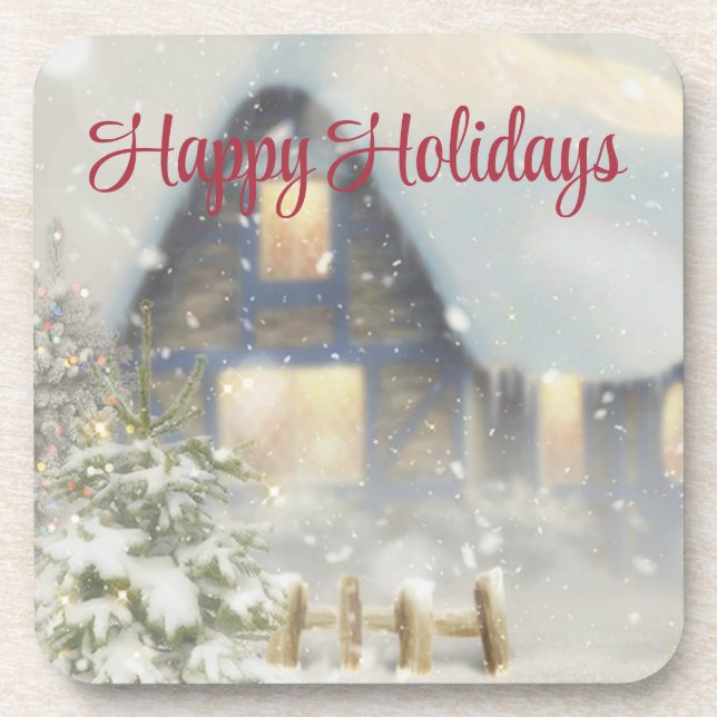  A house with a Christmas tree and a fence   Coaster (Front)