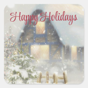  A house with a Christmas tree and a fence Square Sticker