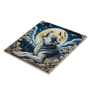 A Howling Wolf Under a Full Moon in a Serene Night Tile