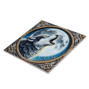 A Howling Wolf Under a Luminous Full Moon Tile