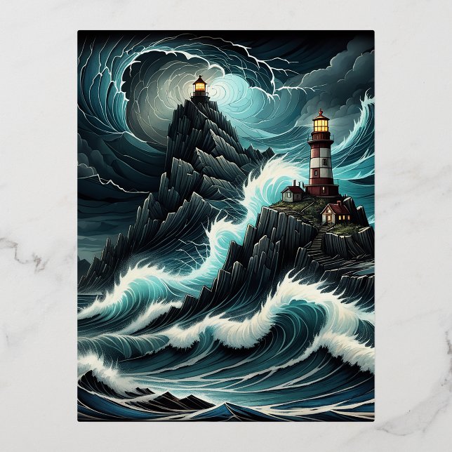 A huge ship crests a massive wave, its prow high i foil holiday postcard (Front)