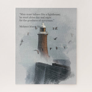 A huge wave hitting a lighthouse in Scotland Jigsaw Puzzle