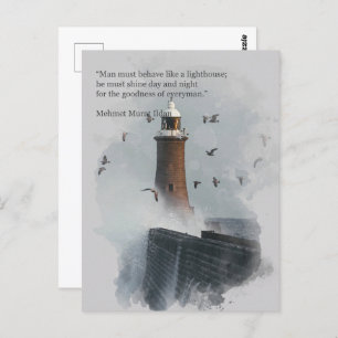 A huge wave hitting a lighthouse postcard