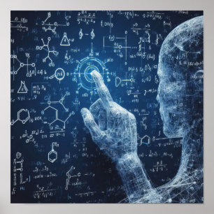 A humanoid interacting with a data board poster