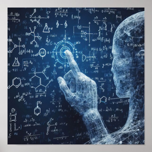 A humanoid interacting with a data board poster (Front)