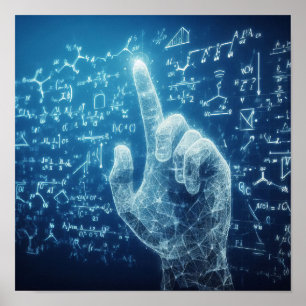 A humanoid interacting with a data sheet poster