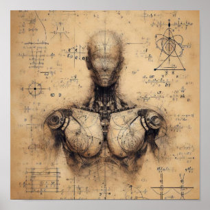 A humanoid superimposed on a data sheet poster