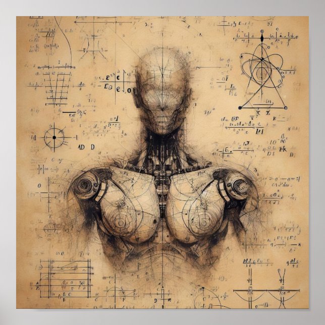 A humanoid superimposed on a data sheet poster (Front)