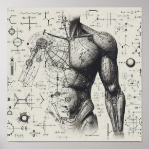 A humanoid superimposed on a data sheet poster