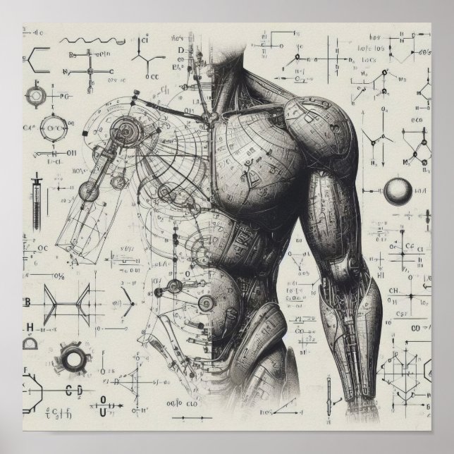 A humanoid superimposed on a data sheet poster (Front)