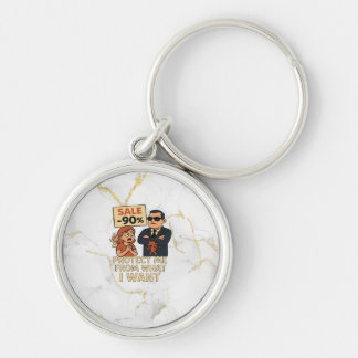 A humourous cartoon-style graphic  key ring