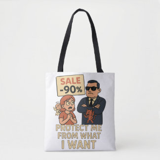 A humourous cartoon-style graphic  tote bag