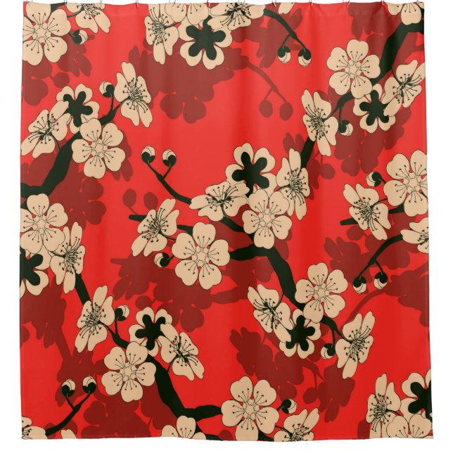 a Japanese style seamless tile with a cherry tree  Shower Curtain (Front)