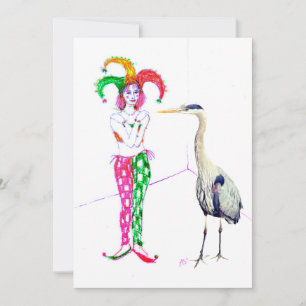 A jester and a blue heron invitation