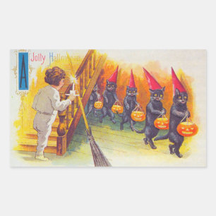 A Jolly Halloween Black Cats with Pumpkins Vintage Rectangular Sticker