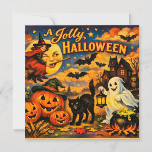 A Jolly Halloween Vintage Witch, Ghost, Pumpkins Card