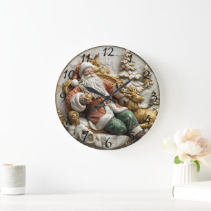 A jolly Santa Claus relaxing with his reindeer Large Clock
