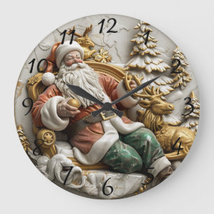 A jolly Santa Claus relaxing with his reindeer Large Clock
