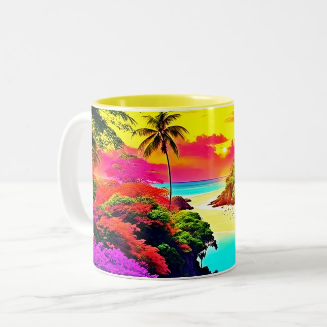 A Journey to Exotic Serenity: Tropical Paradise Two-Tone Coffee Mug (Front Left)