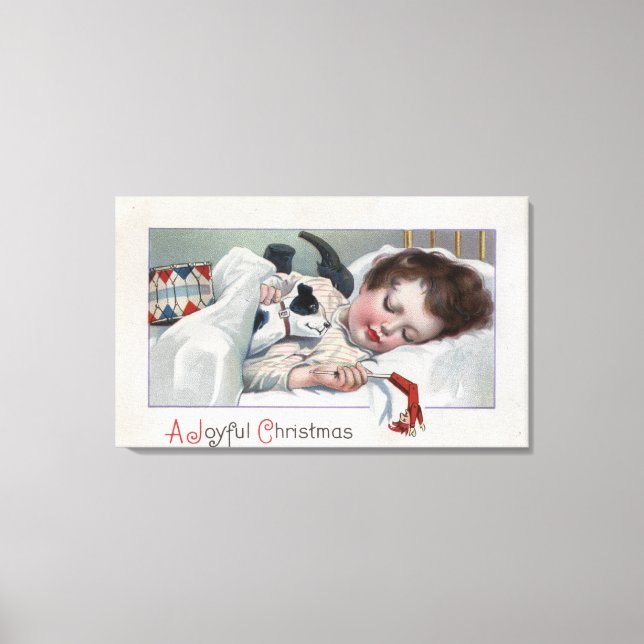 A Joyful ChristmasBoy Sleeping with Puppy Canvas Print (Front)