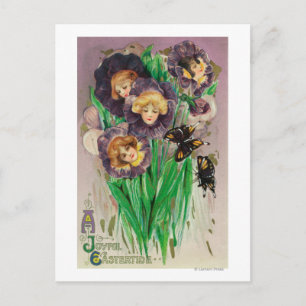 A Joyful Easter Violets with Women Heads Scene Holiday Postcard