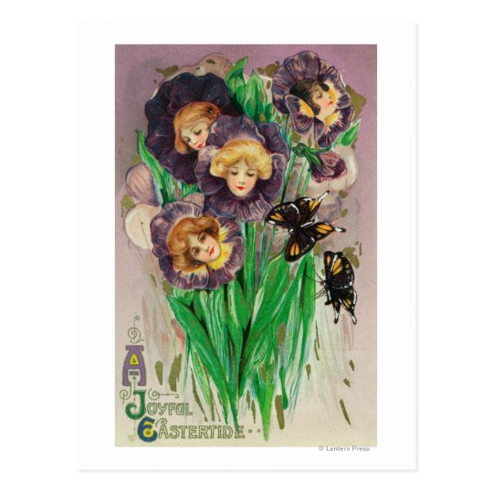 A Joyful Easter Violets with Women Heads Scene Postcard