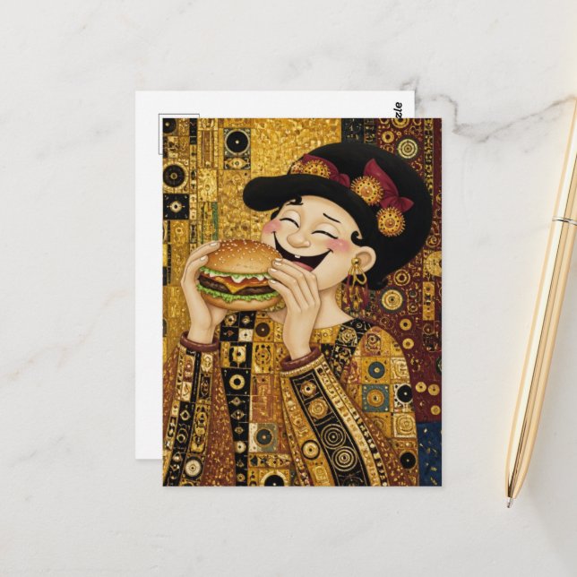 A Joyful Lady With A Cheeseburger Postcard (Front/Back In Situ)