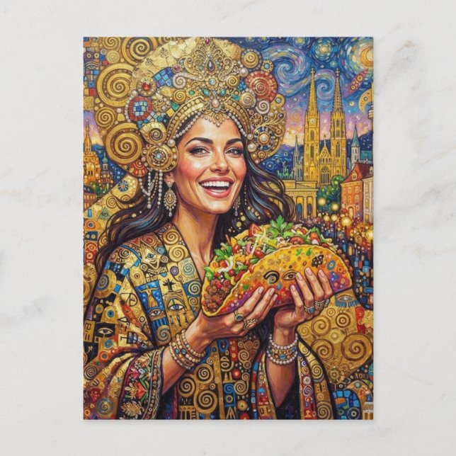 A Joyful Lady With Giant Taco Postcard (Front)
