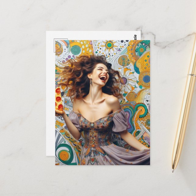 A Joyful Woman With Pepperoni Pizza Postcard (Front/Back In Situ)