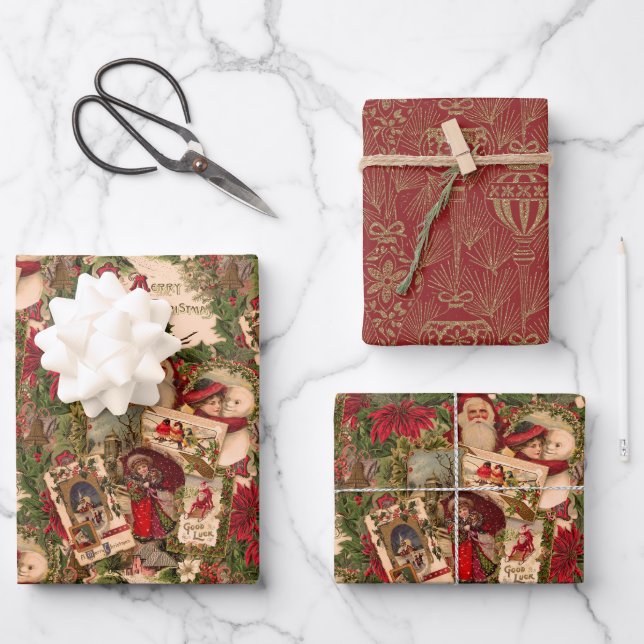 A Jumble of Victorian Holiday Postcards Wrapping Paper Sheet (Front)