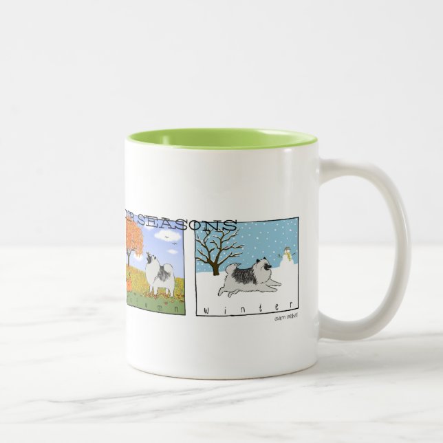 A Keeshond's Four Seasons | Keeshond Cartoon Dog Two-Tone Coffee Mug (Right)