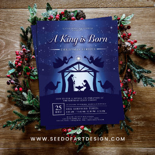 A King is Born Blue Nativity Scene Church Flyer