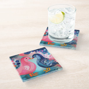 "A Kiss in Feathers" Happy Valentine's Day Glass Coaster