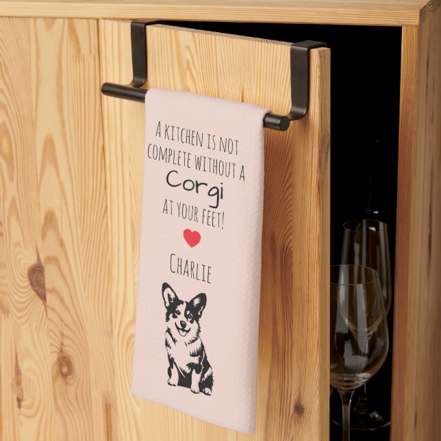 'A Kitchen Is Not Complete' Customisable Corgi  Tea Towel (Thirds Fold)