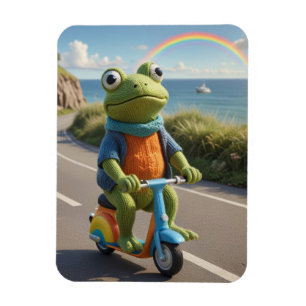 A knitted frog rides a scooter magnet