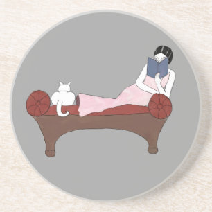 A Lady, A Cat and A Very Good Book Coaster