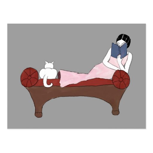 Image of A Lady, A Cat and A Very Good Book Postcard